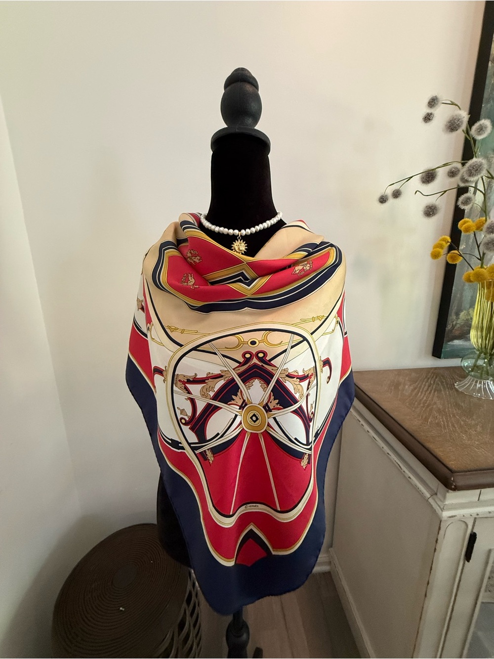 Hermes Silk Scarf Navy Red White Hand Rolled Made in France - Picture 2 of 12